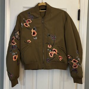 All Saints Margot Khaki Embroidered Floral Bomber Jacket